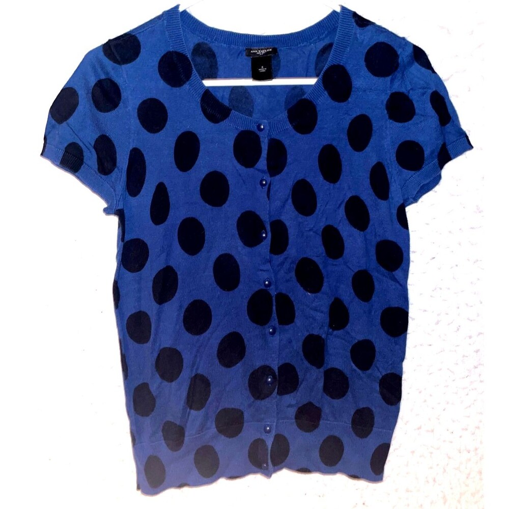 Ann Taylor Womens Sz S Button Front Cardigan Knit Sweater Blouse Polka dot Blue